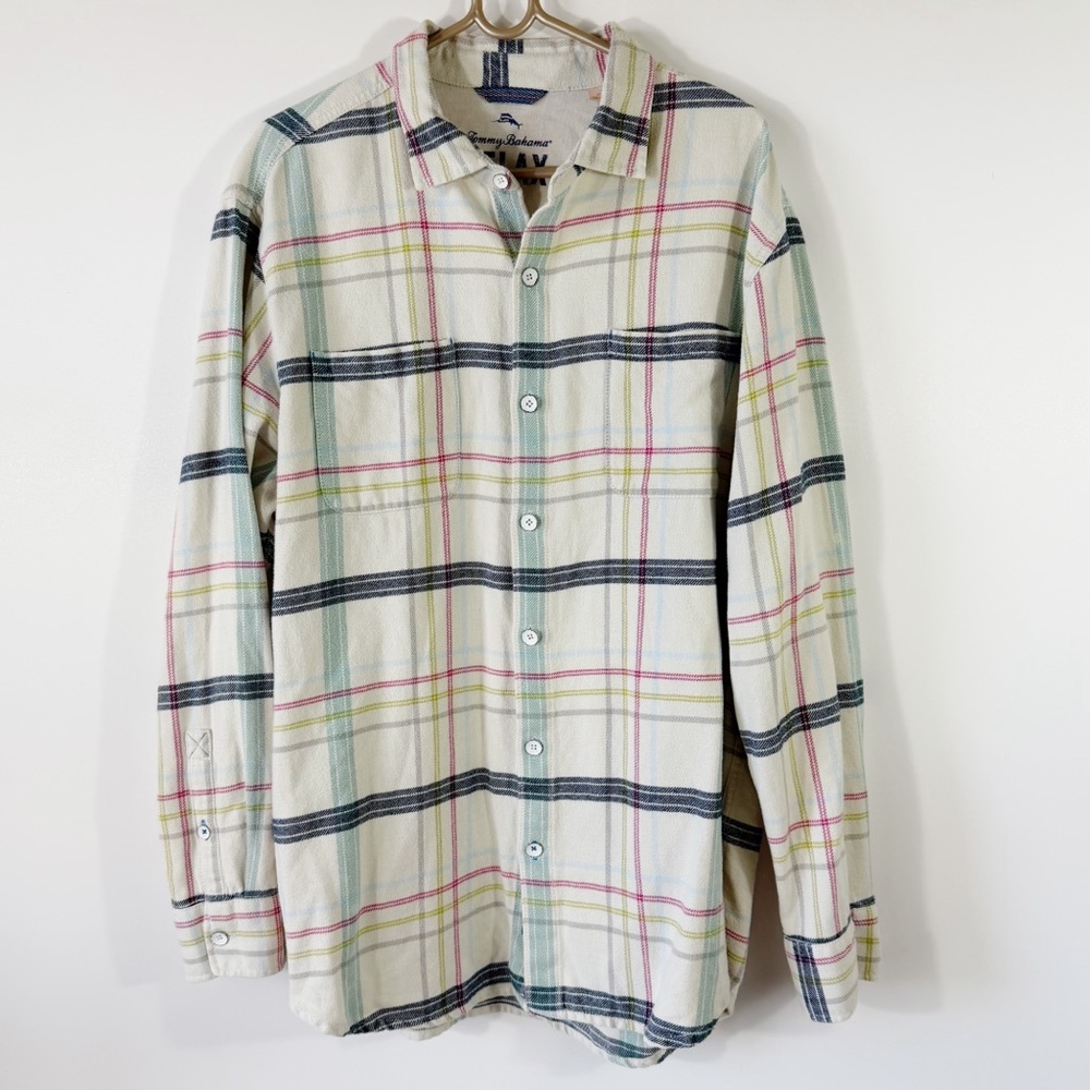 Tommy Bahama Cream Plaid Flannel Button Down Shirt Size XL